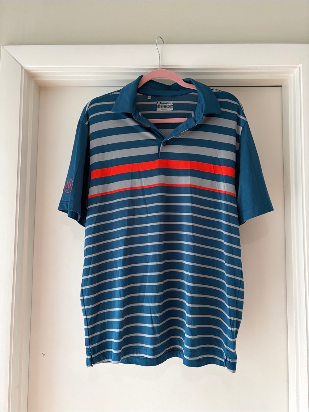 Under Armour Teal Blue Striped Polo with Red Accent